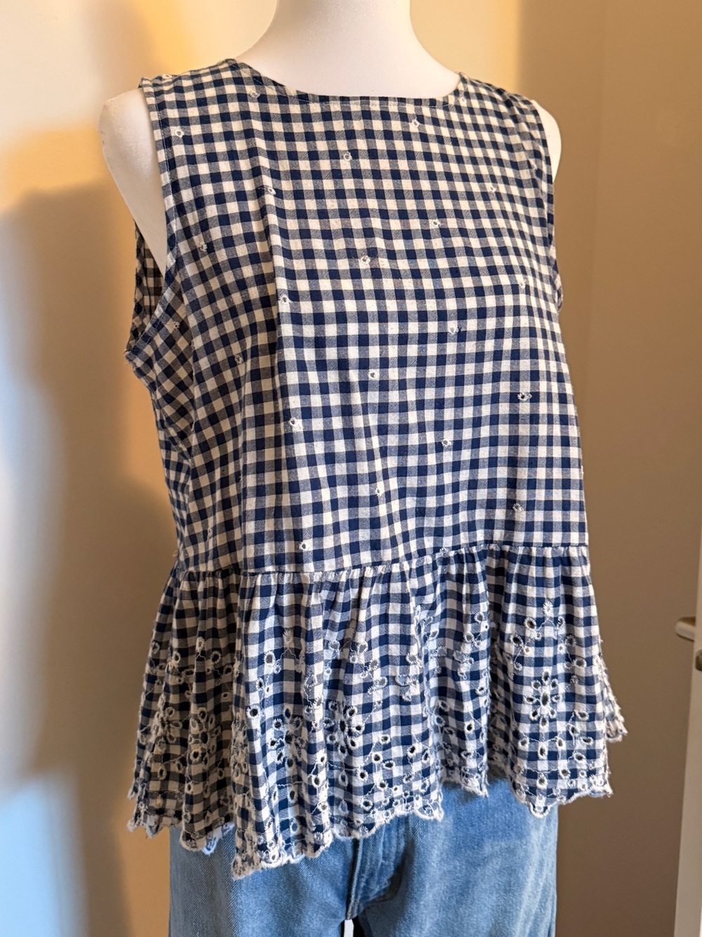 Sleeveless Blue and White Gingham Peplum Top 100% Cotton